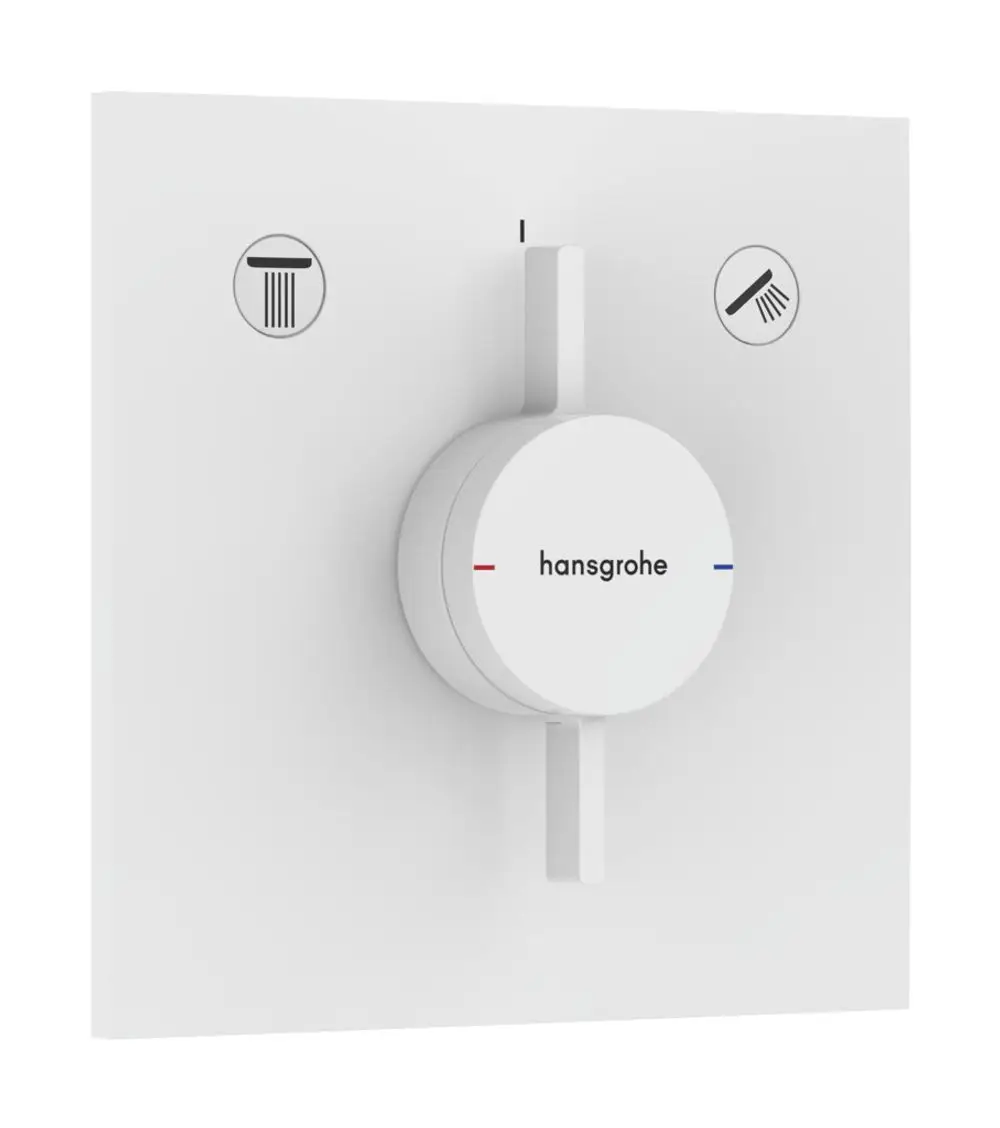 Unterputz Mischsystem von Hansgrohe mit einem bedienbaren Drehregler. Symbol für Dusche und Abfall sind sichtbar. Mattweiße Oberfläche und klare Funktionalität.